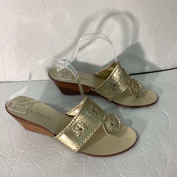 A. Giannetti Size 10M Womens Sandals Gold Leather Slip On Blocked Wedge Heel - Picture 4 of 8